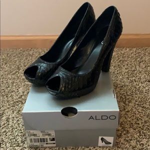 Aldo Black Crocodile Open Toe Pumps